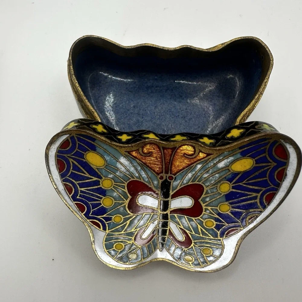 Cloisonné Enamel On Brass Butterfly Shape Trinket Pill Box‎ Multi Color Vintage